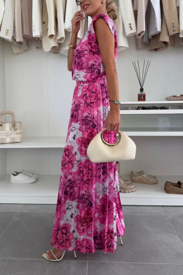 Fashionable Round Neck Shoulder Pads Top and Elastic Waist Pleated Wide-leg Pants Set