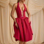 Norma Minimalist Women's Evening Dress with Deep V Neck and Bows Designer Edit