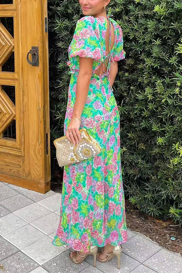 Floral Print V-neck Puff Sleeve Open-back Maxi Dress