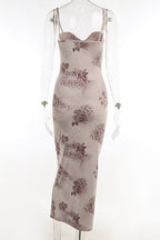 Sweetheart Bodycon Lace Mesh Sleeveless Printed Maxi Dress - Floral