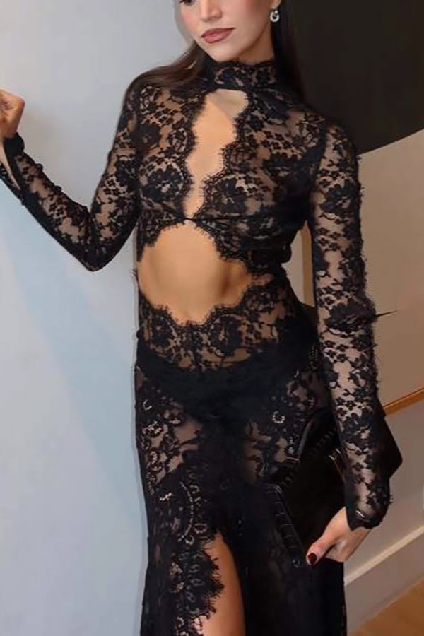 Dark Night Charm Sheer Lace Cutout Long Sleeve Stretch Maxi Dress