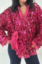 Fashion Sequined Long-sleeved V-neck Loose Lace-up Cardigan