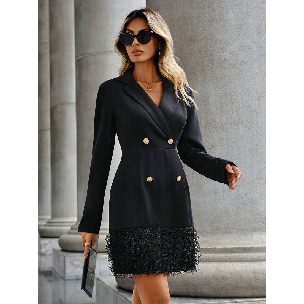 Hana Exclusive Women's Blazer Dress with Fringes and Double Button Placket Chic Silhouette Collection