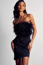 Feather Strapless Bandeau Asymmetric Hem Bodycon Mini Dress