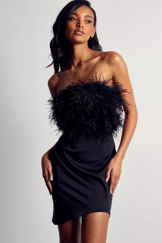 Feather Strapless Bandeau Asymmetric Hem Bodycon Mini Dress