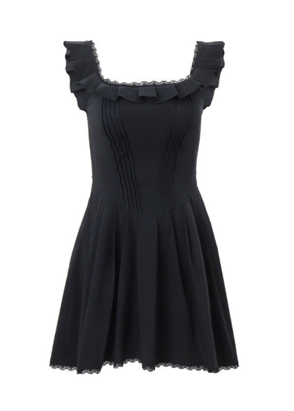 Square Neck Ruffle Strap Corset Bodice Pleated Skater Mini Dress