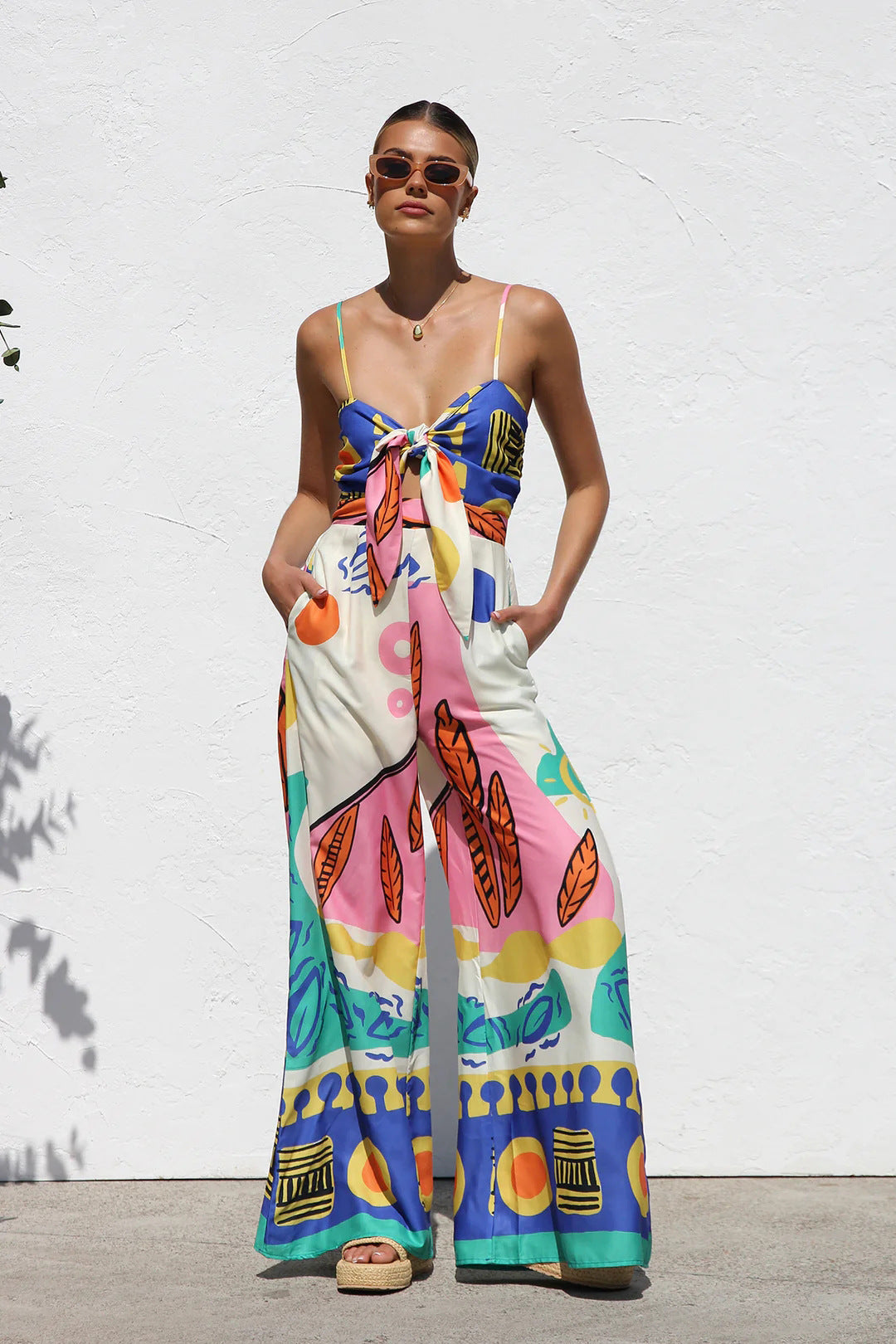 Spring Summer Printed Waist Controlled Smocking Strap Knotted Wide Leg Straight Jumpsuit