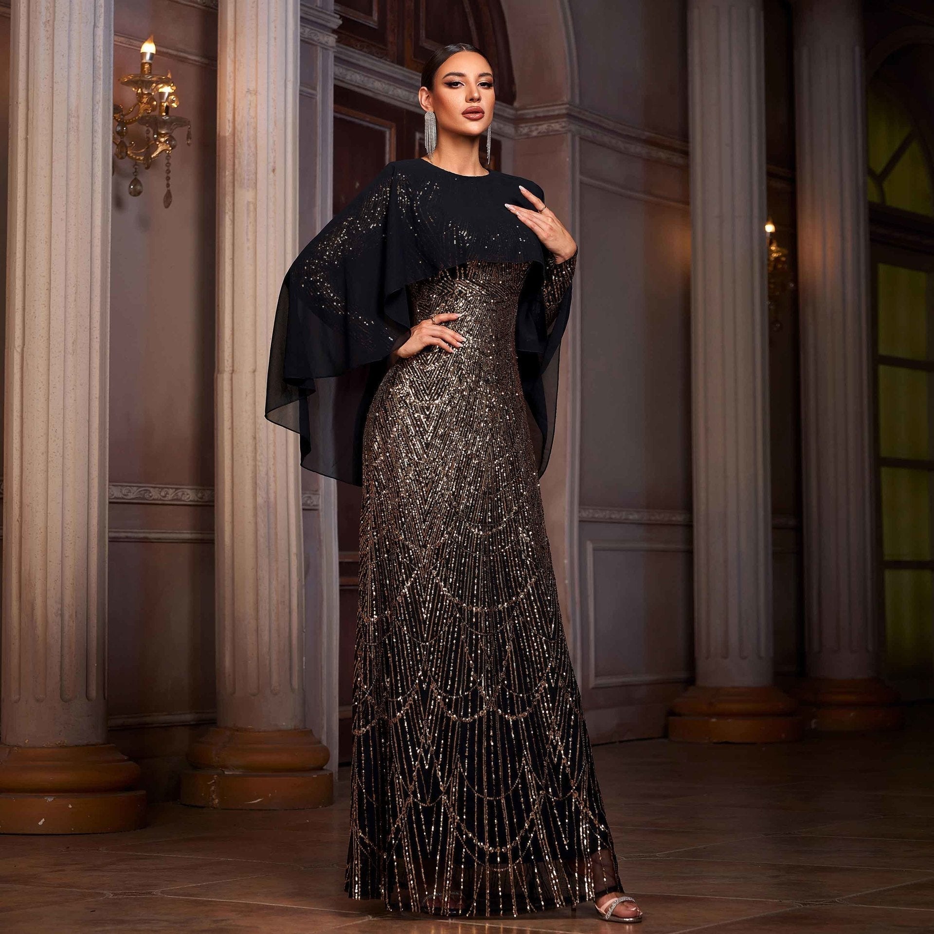 Long-sleeved round neck cape sequined evening dress