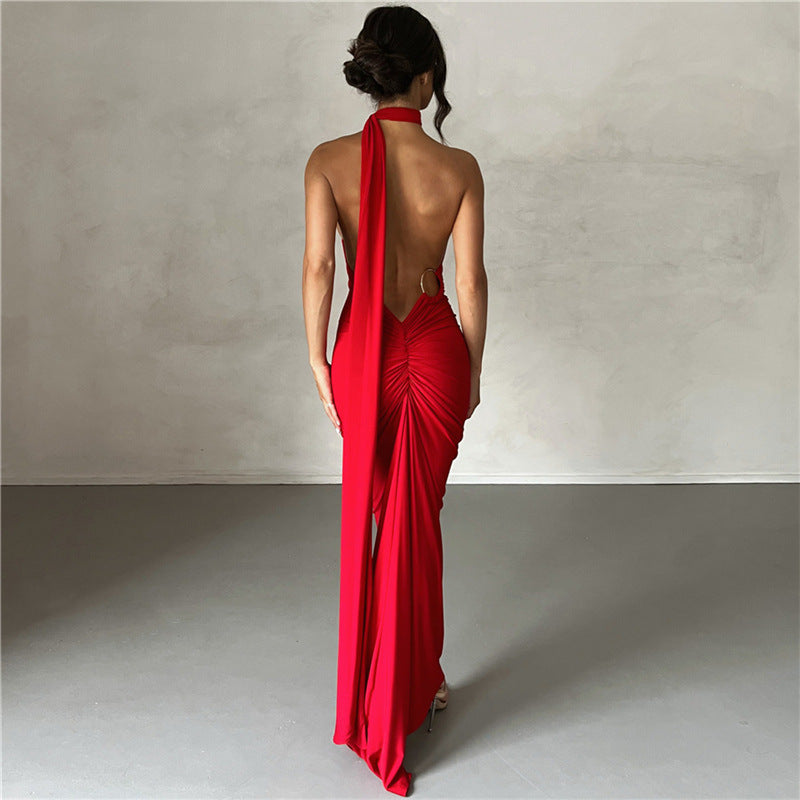 One Shoulder Asymmetric Strap Metal Ring Open Back Ruched Train Maxi Dress