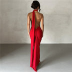 One Shoulder Asymmetric Strap Metal Ring Open Back Ruched Train Maxi Dress