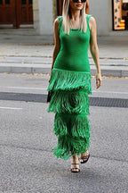 Solid Color Sleeveless Slim Fit Fringed Hem Knitted Midi Dress