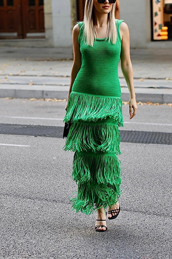Solid Color Sleeveless Slim Fit Fringed Hem Knitted Midi Dress