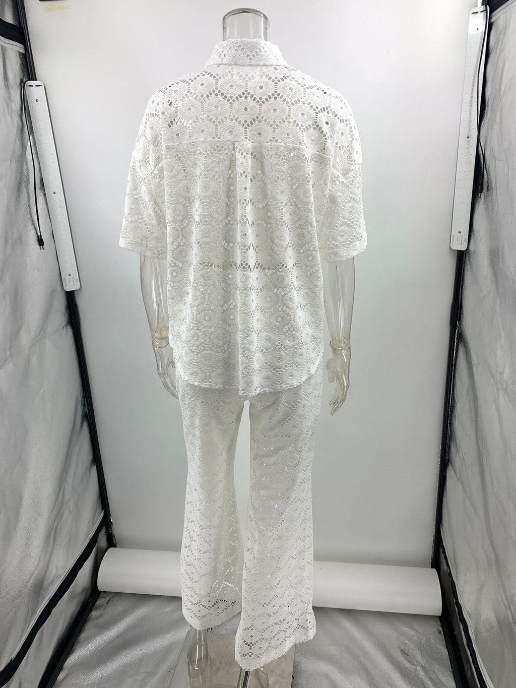 Holiday Crochet Flowers Lace Short Sleeve Shirt and Elastic Waist Wide Leg Pants Set