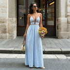 Vertical Stripe Halter Neck Deep V Neck Contrast Trim High Waist Maxi Dress