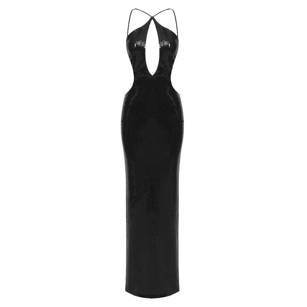Sequin Halter Neck Cross Strap Keyhole Cut Out Side Waist Bodycon Maxi Gown