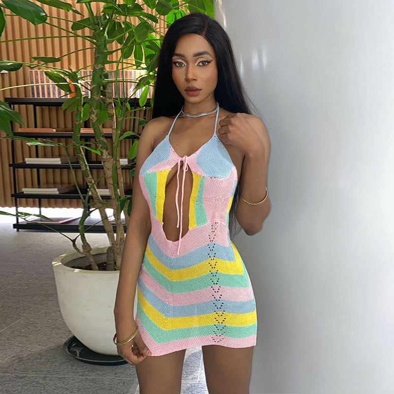 Knit Halter Neck Tie Front Cut Out Mini Dress