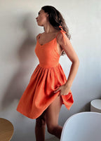 Tie Shoulder Spaghetti Strap Pleated A Line Side Slit Mini Dress