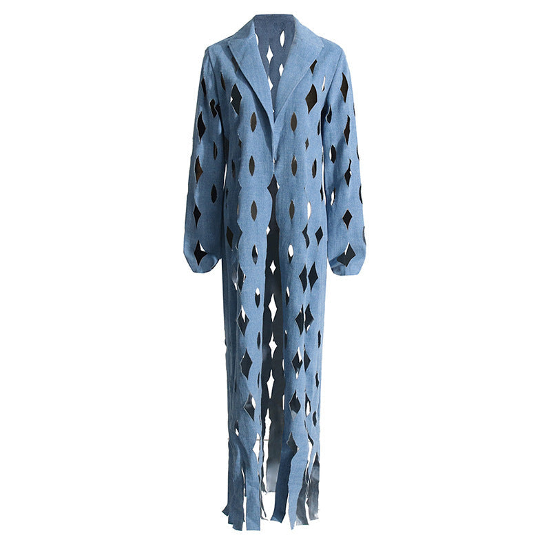 Denim Ripped Tassel Long Coat