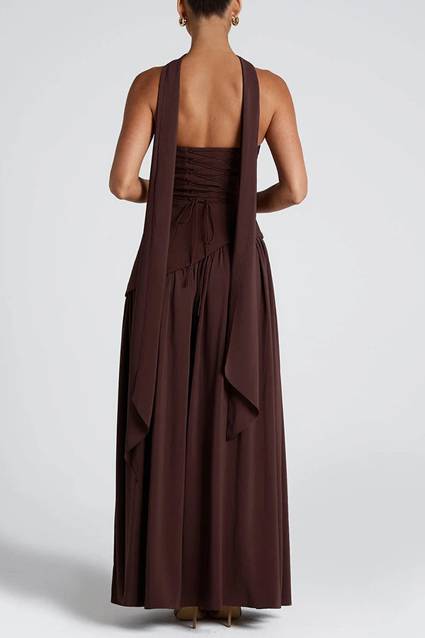 Elegant Off Shopulder Chiffon Pleated Hem Scarf Slit Maxi Dress