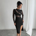 Mock Neck Lace Panel Long Sleeve High Slit Bodycon Midi Dress