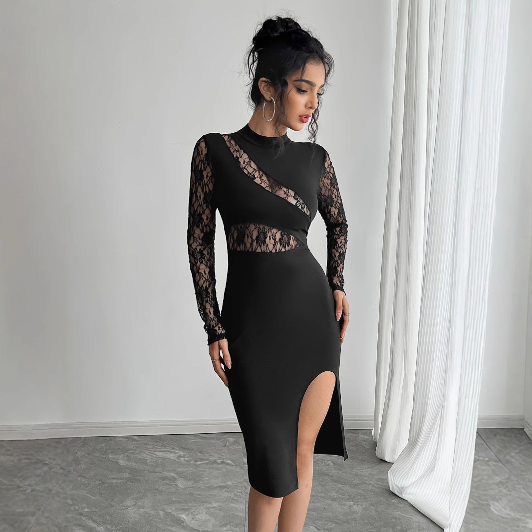 Mock Neck Lace Panel Long Sleeve High Slit Bodycon Midi Dress