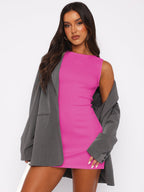 Elegant High Boat Neck Sleeveless Bodycon Mini Dress - Rose Red