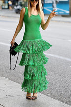 Solid Color Sleeveless Slim Fit Fringed Hem Knitted Midi Dress
