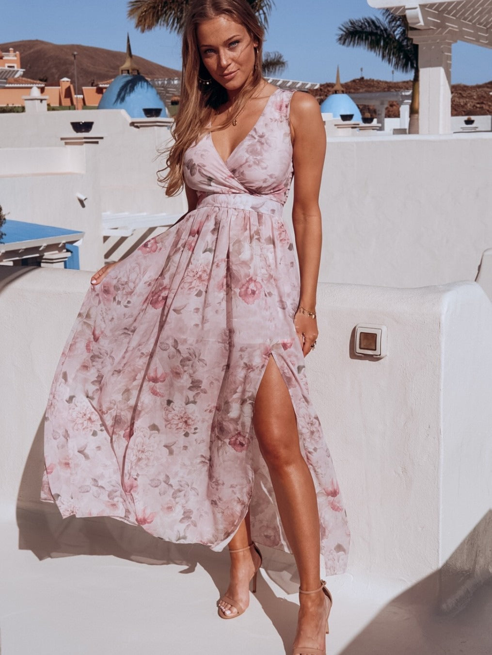 Floral Print Surplice Neck Sleeveless Chiffon Side Slit Maxi Dress