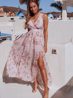 Floral Print Surplice Neck Sleeveless Chiffon Side Slit Maxi Dress