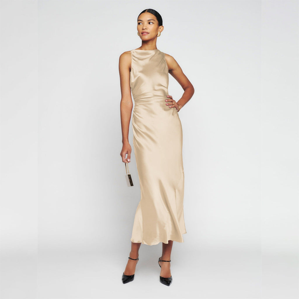 Cowl Neck Satin Bias Cut Sleeveless Column Maxi Dress