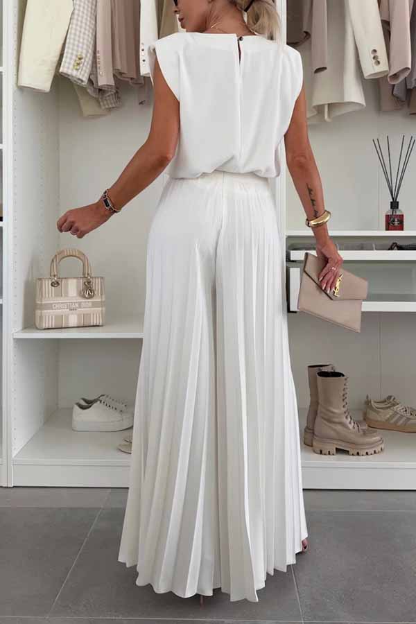 Fashionable Round Neck Shoulder Pads Top and Elastic Waist Pleated Wide-leg Pants Set