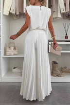 Fashionable Round Neck Shoulder Pads Top and Elastic Waist Pleated Wide-leg Pants Set