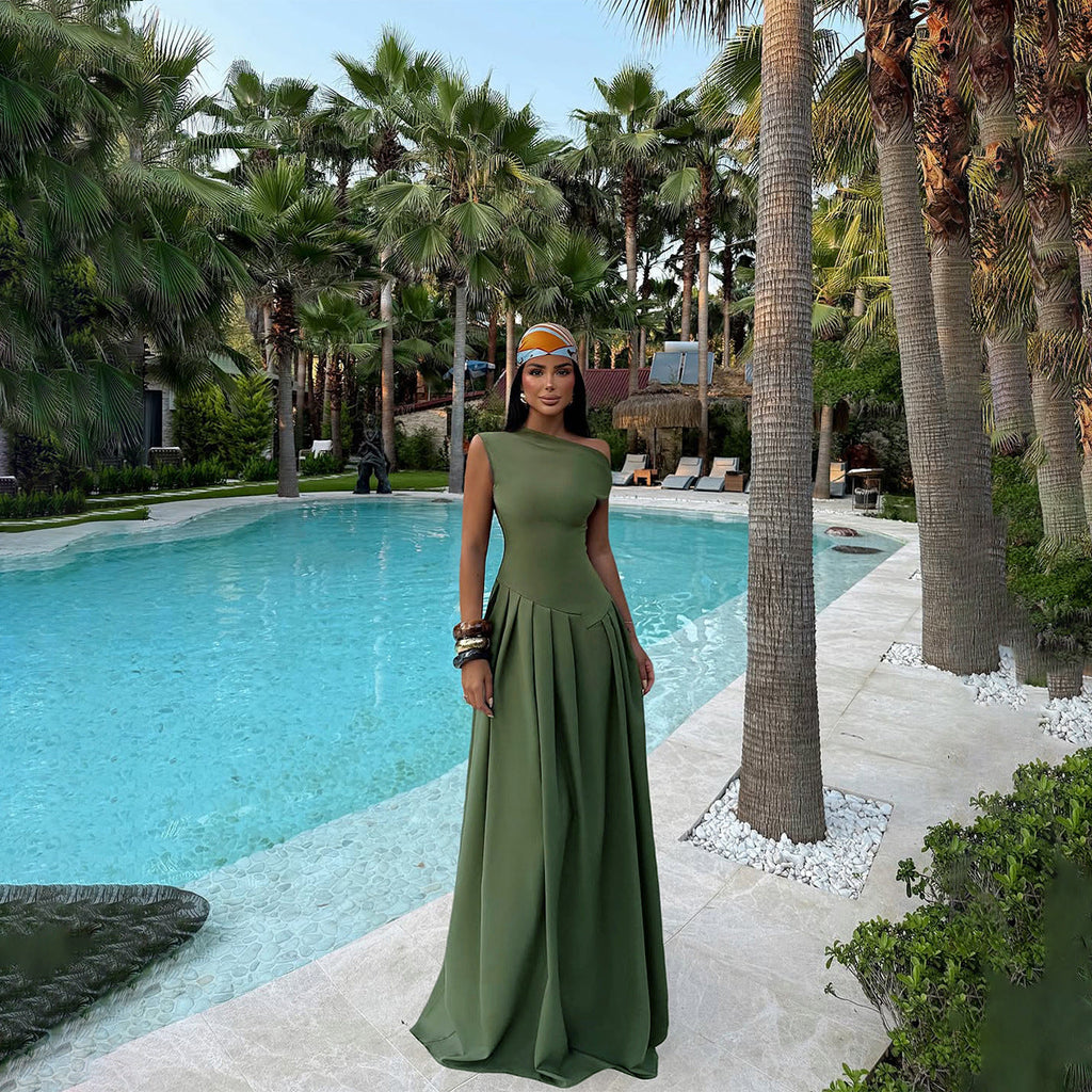 One Shoulder Fitted Bodice A-Line Floor Length Maxi Gown