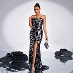 Boat neckline hip-hugging sequined evening dress