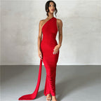 One Shoulder Asymmetric Strap Metal Ring Open Back Ruched Train Maxi Dress