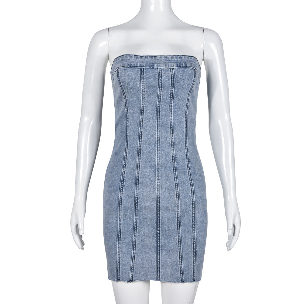 Strapless Denim Corset Panel Raw Hem Mini Dress