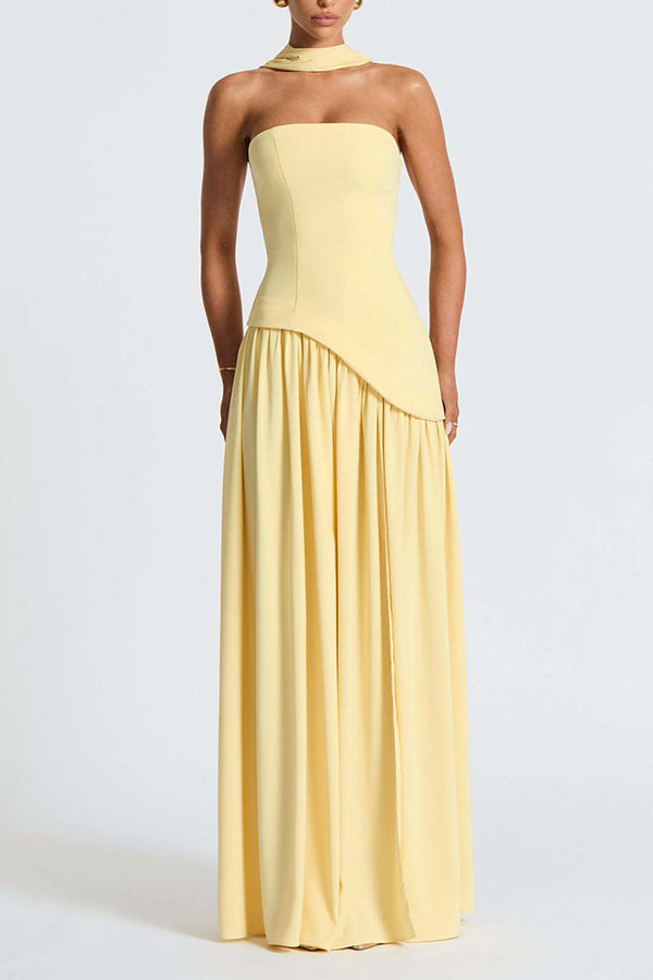 Elegant Off Shopulder Chiffon Pleated Hem Scarf Slit Maxi Dress