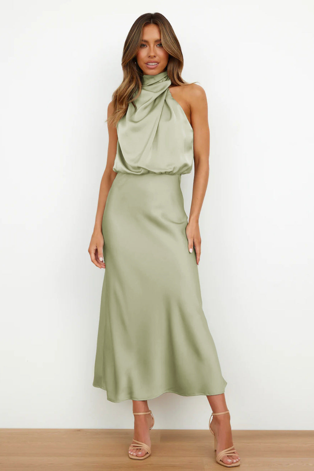Halter Cowl Neck Sleeveless Satin Bias Cut Midi Dress