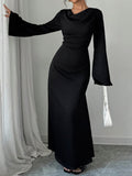 Black Cowl Neck Bell Sleeve Tie Waist Bodycon Maxi Dress