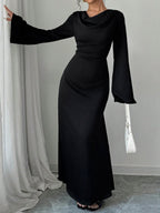 Black Cowl Neck Bell Sleeve Tie Waist Bodycon Maxi Dress