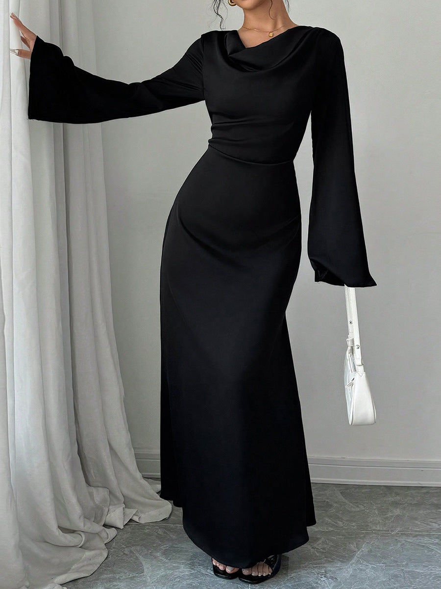 Black Cowl Neck Bell Sleeve Tie Waist Bodycon Maxi Dress