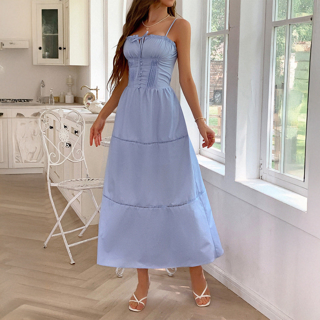 Spaghetti Strap Corset Bodice Bow Tie Tiered Pintuck Midi Dress