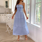 Spaghetti Strap Corset Bodice Bow Tie Tiered Pintuck Midi Dress