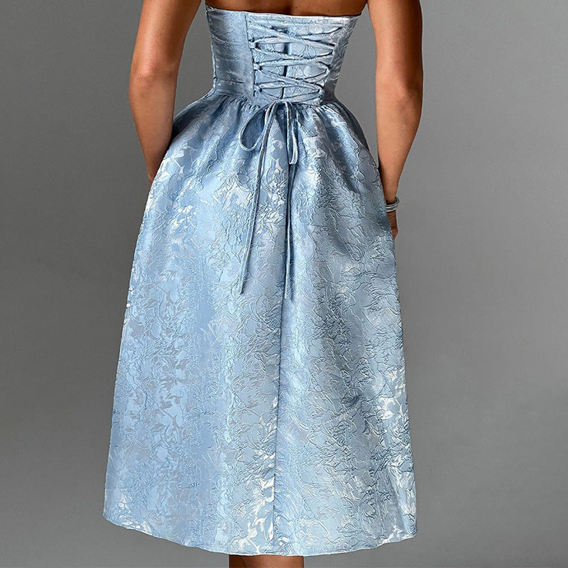 Jacquard Fabric Strapless Open Back Elegant Slim Midi Dress