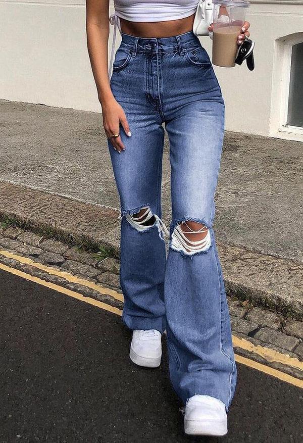 Stretch Slim Knee Hole Bell-Bottom Pants