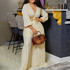 Summer V neck Pleated Wide Leg Jumpsuit