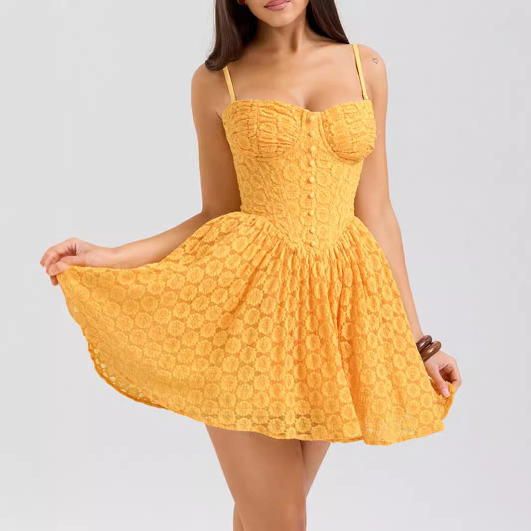 Floral Lace Corset Bustier Button Front Skater Mini Dress