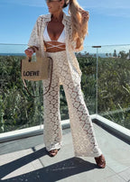 Holiday Crochet Flowers Lace Short Sleeve Shirt and Elastic Waist Wide Leg Pants Set