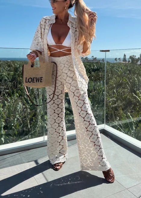 Holiday Crochet Flowers Lace Short Sleeve Shirt and Elastic Waist Wide Leg Pants Set