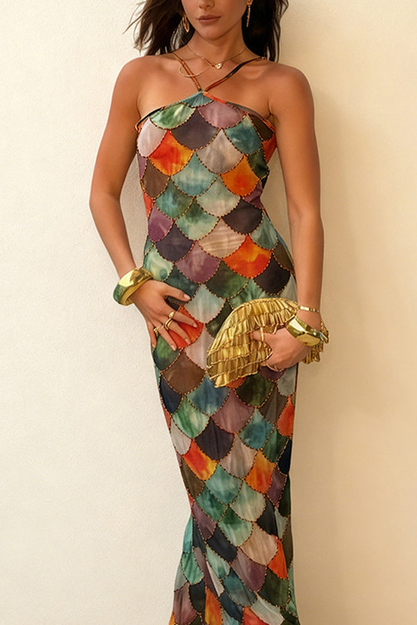 Little Mermaid Colorful Scales Print Halter Maxi Dress